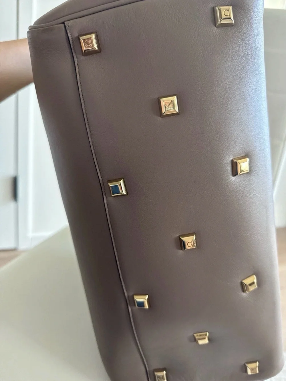 Salvatore Ferragamo Biege Leather Studio Top Handle Bag Gold Hardware